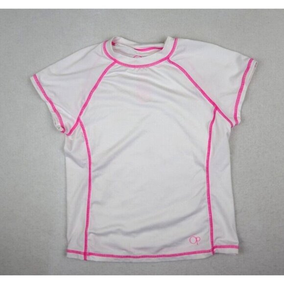 OP - GIRL'S WHITE & PINK SHORT SLEEVE RASHGUARD SWIM COVER-UP TOP - S 6/6X - Picture 1 of 5